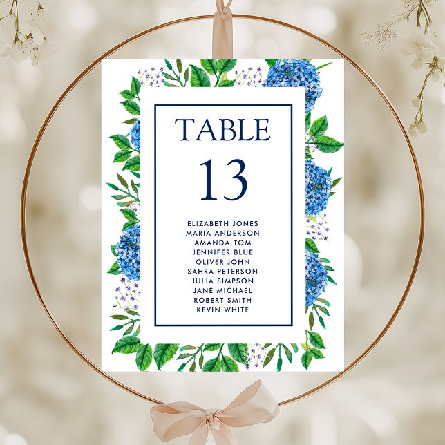 Blue Hydrangeas Seating Chart Cards für Hochzeiten Mitteilungskarte (Von Creator hochgeladen)
