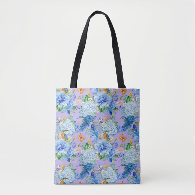 Blue Hydrangeas und Hummingbirds Tote Bag Tasche (Vorderseite)