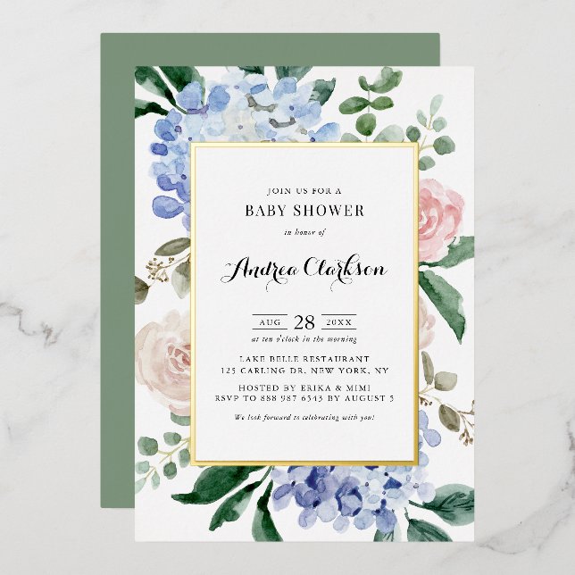Blue Hydrangeas und Pink Roses Baby Dusche Folieneinladung (Vorderseite/Rückseite)