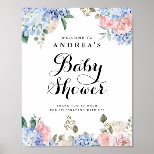 Blue Hydrangeas und Pink Roses Baby Dusche Willkom Poster
