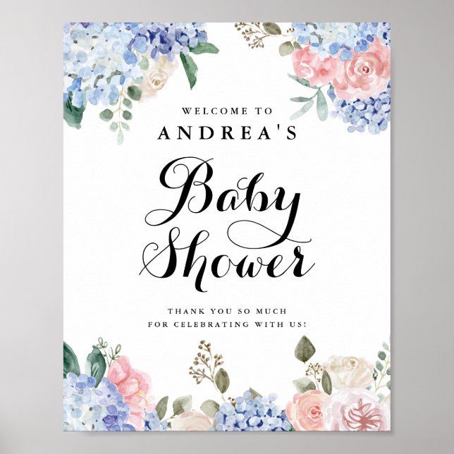 Blue Hydrangeas und Pink Roses Baby Dusche Willkom Poster (Vorne)