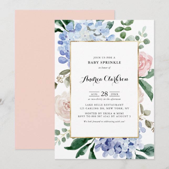 Blue Hydrangeas und Pink Roses Baby Sprinkle Einladung (Vorne/Hinten)