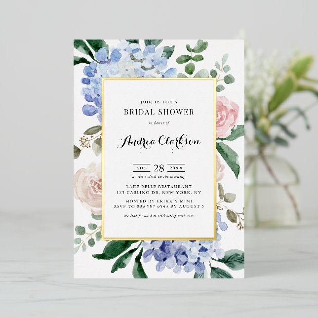Blue Hydrangeas und Pink Roses Brautparty Folieneinladung (Stehend vorne)