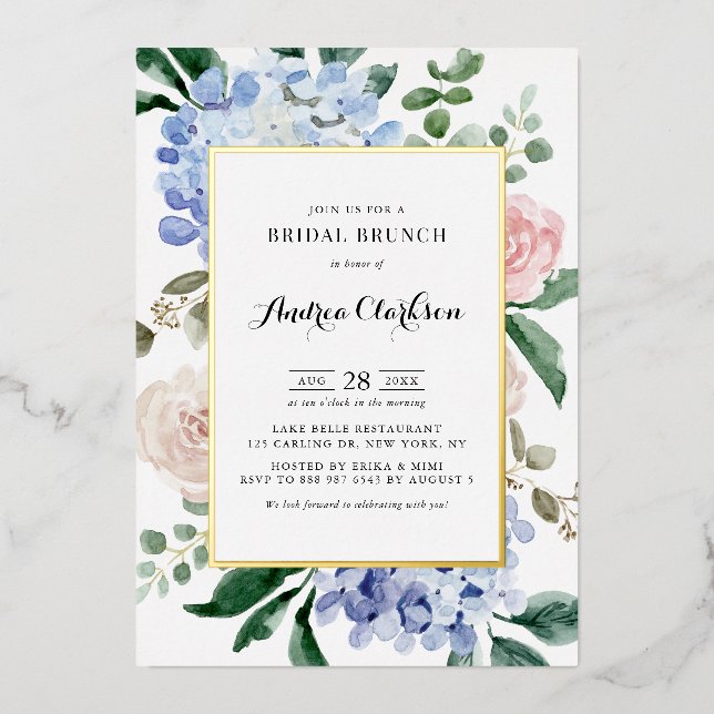 Blue Hydrangeas und Pink Roses Bridal Brunch Folieneinladung (Vorderseite)