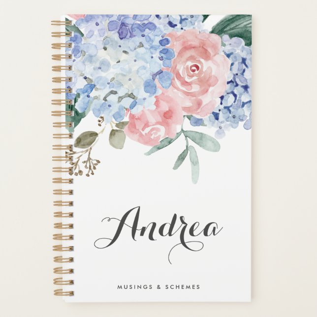 Blue Hydrangeas und Pink Roses Script Planer (Vorderseite)