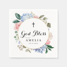 Blue Hydrangeas und Rose Gott segne Taufe Serviette