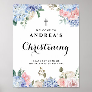 Blue Hydrangeas und Roses Christening Willkommen Poster