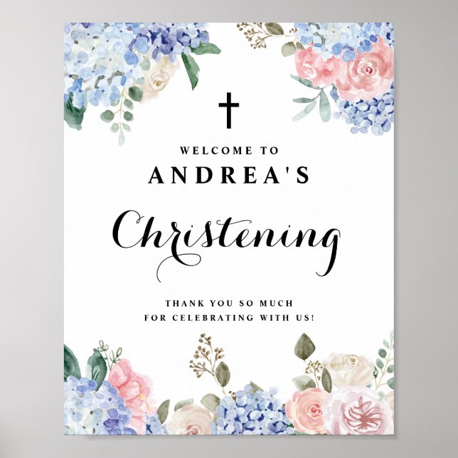 Blue Hydrangeas und Roses Christening Willkommen Poster (Vorne)