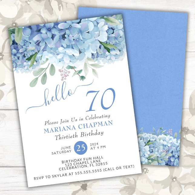 Blue Hydrangeas Wasserfarbe Blütenfarbe 70. Geburt Einladung (Von Creator hochgeladen)