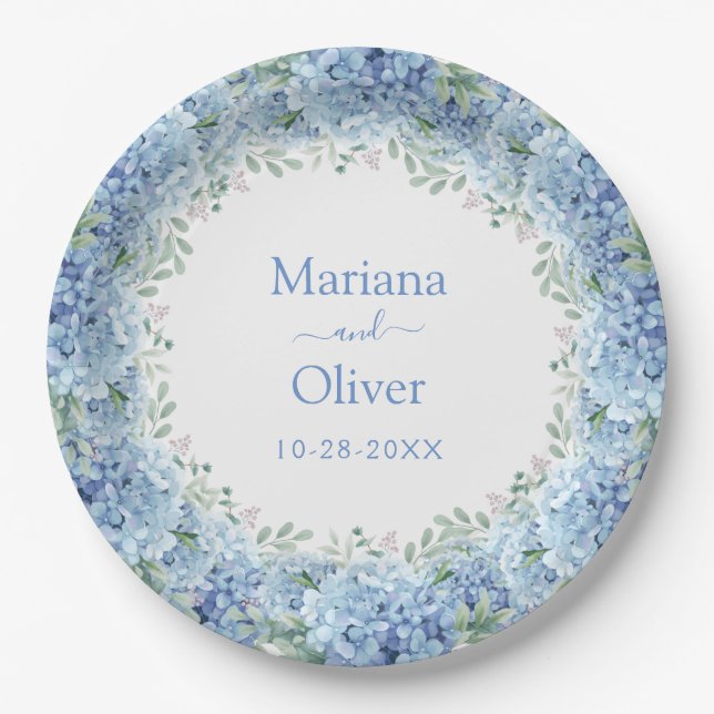 Blue Hydrangeas Watercolor Floral Wedding Pappteller (Vorderseite)