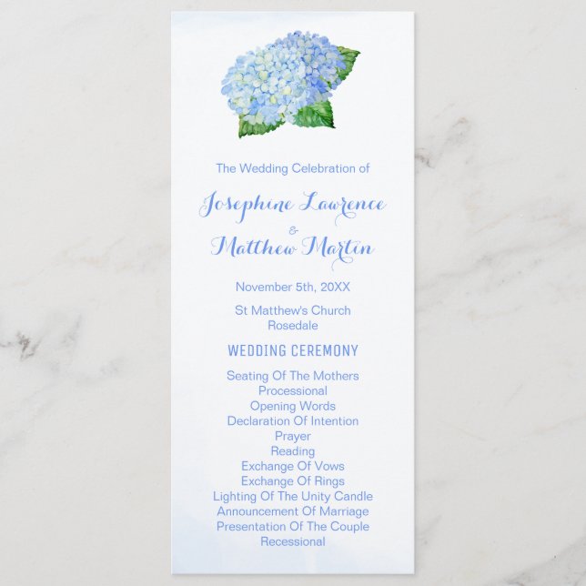 Blue Hydrangeas Watercolor Programmes de mariage (Devant)