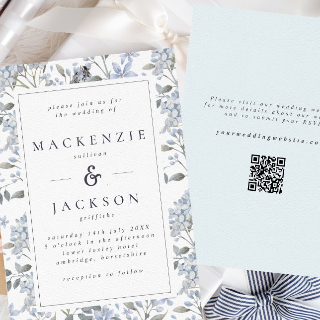 Blue Hydrangeas Watercolor Wedding QR Code Einladung (Von Creator hochgeladen)