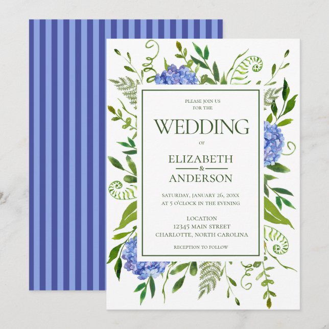 Blue Hydrangeas Wedding Einladung (Vorne/Hinten)