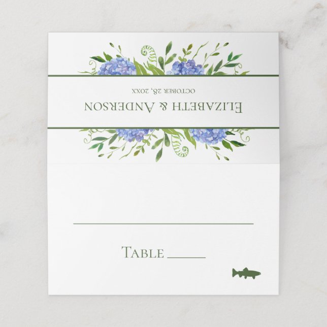Blue Hydrangeas Wedding Platzkarte (Außenseite Aufgefaltet)