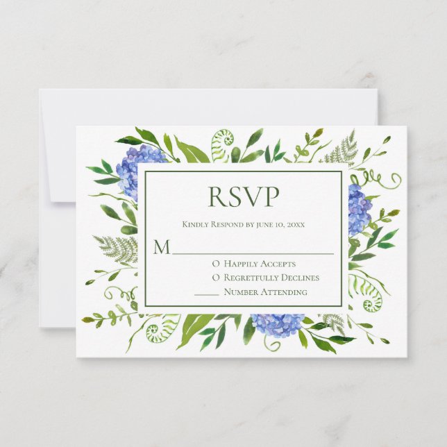 Blue Hydrangeas Wedding RSVP Karte (Vorderseite)