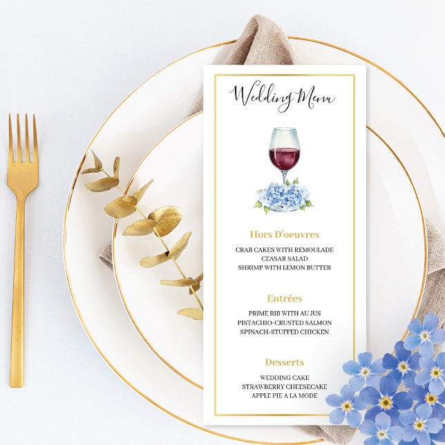 Blue Hydrangeas Wine Glass Wedding Flat Menu (Créateur téléchargé)
