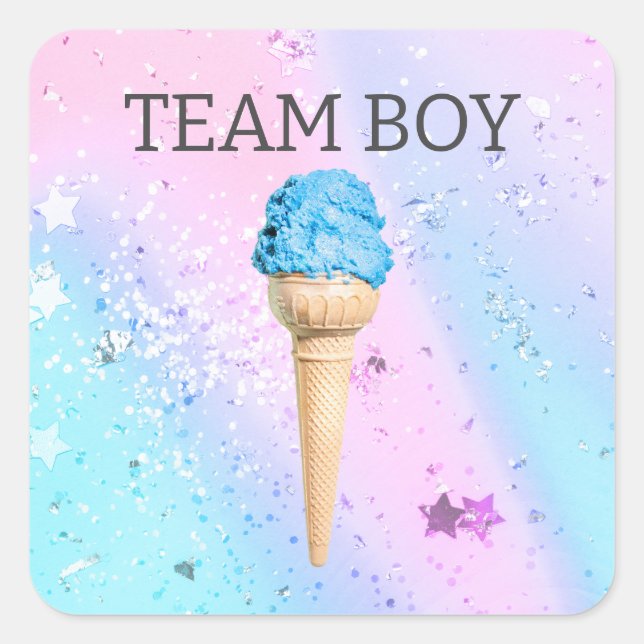 Blue Ice Cream Gender Reveal TEAM BOY Quadratischer Aufkleber (Vorderseite)