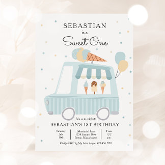 Blue Ice Cream Truck Sweet One 1. Geburtstag Party Einladung