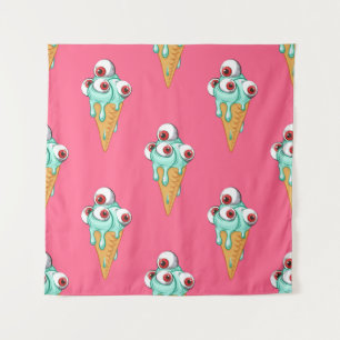 Blue ice cream with eyes. Pink background. Seamles Wandteppich