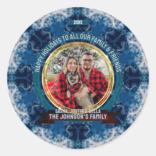 Blue Ice Geometry Custom Photo Holiday Greetings Runder Aufkleber (Vorderseite)