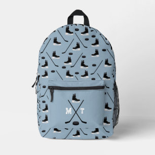 Blue Ice Hockey Stick, Skate, Puck Monogram Bedruckter Rucksack