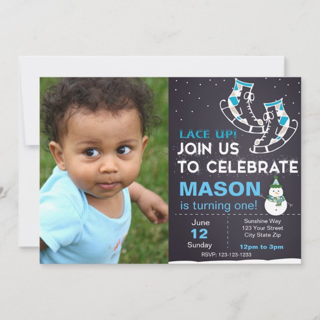 Blue Ice Skate Geburtstag Einladung mit Foto (Vorderseite)