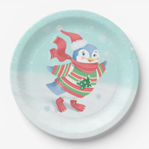 Blue Ice Skaten Penguin Pappteller