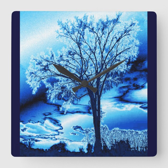 Blue Iced Tree Wall Clock Quadratische Wanduhr (Vorderseite)