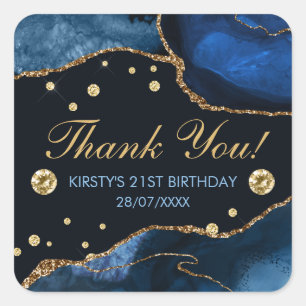 Blue & Imitate Gold Glitzer Agate Birthday Quadratischer Aufkleber