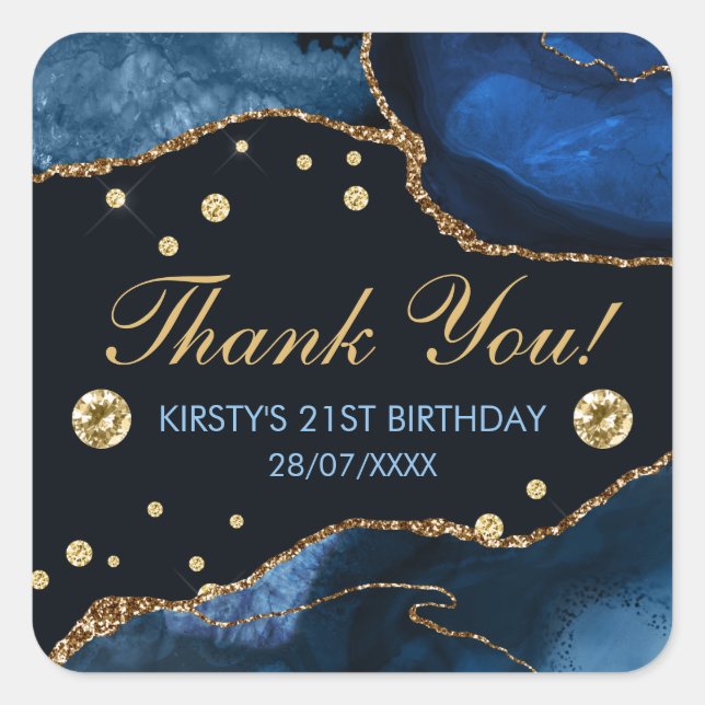 Blue & Imitate Gold Glitzer Agate Birthday Quadratischer Aufkleber (Vorderseite)