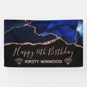 Blue & Imitate Rose Gold Glitzer Agate Sweet 16 Banner