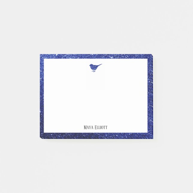Blue Imitats Glitzer Bird and Border w/White Post-it Klebezettel (Vorderseite)