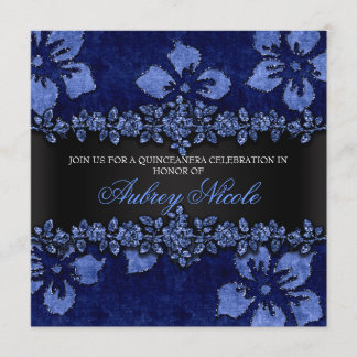 Blue Imitats Glitzer & Velvet Floral Quinceanera Einladung