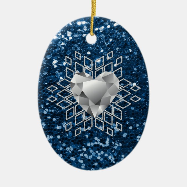 Blue Imitats Glitzern Diamond Herzenssnowflake Keramikornament (Vorne)