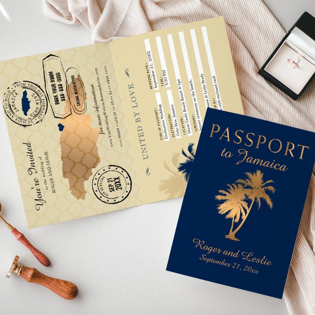 Blue Imitats Gold Foil Jamaica Wedding Passport In Einladung (Von Creator hochgeladen)