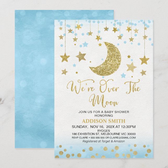 Blue Imitats Gold Glitzer über der Mond Babydusche Einladung (Vorne/Hinten)