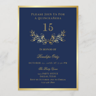 Blue Imitats Gold Wreath Quinceañera Einladung