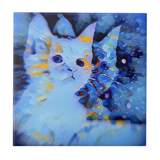 Blue Impressionist Style Kitten Art für Katzen Lie Fliese (Vorderseite)