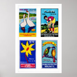 Blue Indian Matchbox Labels Grid Print, Vintage Poster