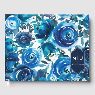 Blue Indigo Floral Blume Elegante schicke Hochzeit Gästebuch