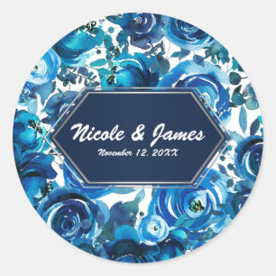 Blue Indigo Floral Blume Elegante schicke Hochzeit Runder Aufkleber