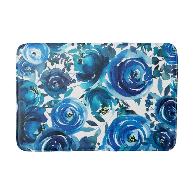 Blue Indigo Floral Blume Elegantes Shabby Chic Badematte (Vorderseite)