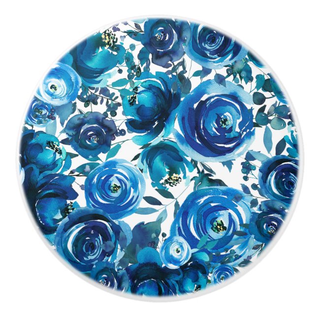 Blue Indigo Floral Blume Elegantes Shabby Chic Keramikknauf (Vorderseite)