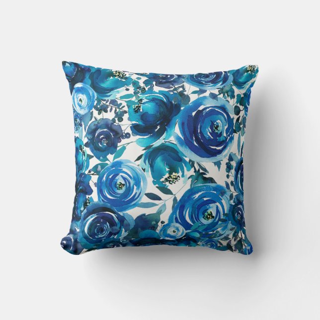 Blue Indigo Floral Blume Elegantes Shabby Chic Kissen (Vorderseite)