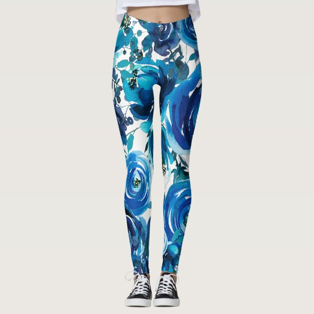 Blue Indigo Floral Blume Elegantes Shabby Chic Leggings (Vorderseite)