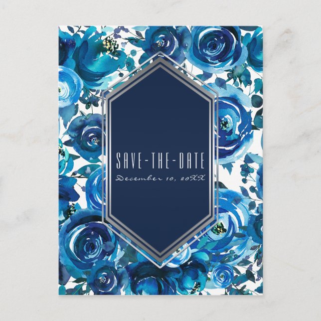 Blue Indigo Floral Blume Hochzeitssache Datum spei Ankündigungspostkarte (Vorderseite)
