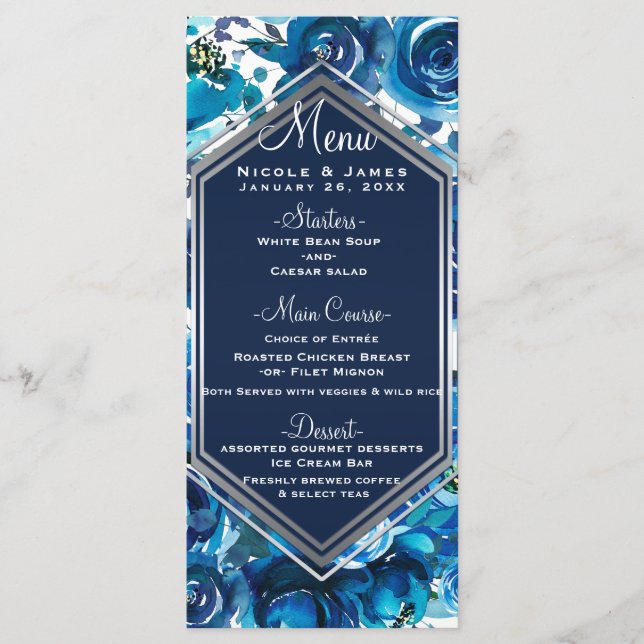 Blue Indigo Floral Flowers Élégant menu de mariage (Devant)