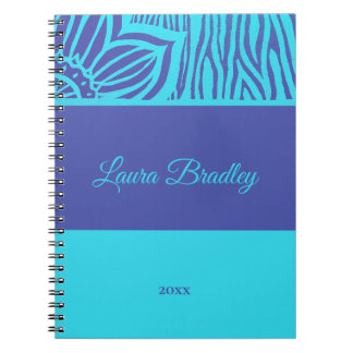 Blue & Indigo Floral Zebra Linocut Name & Jahr Notizblock