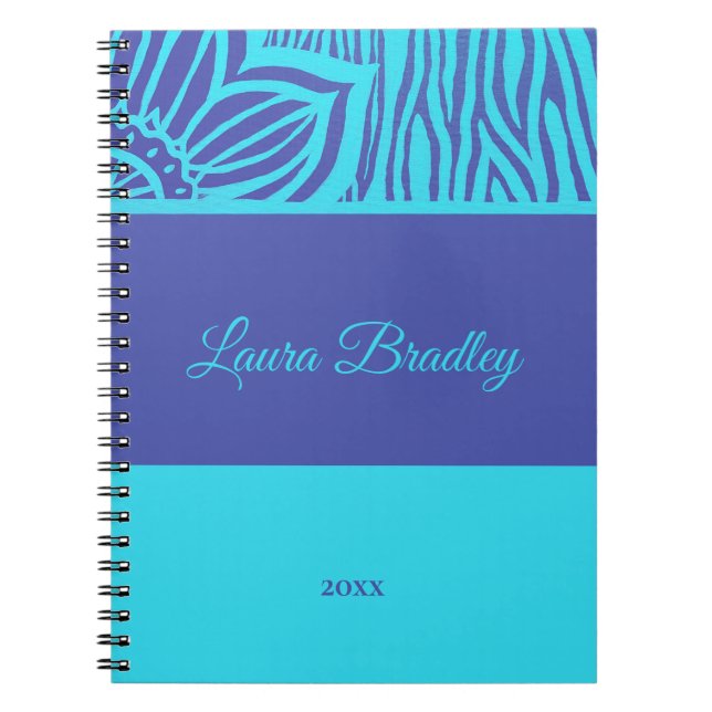 Blue & Indigo Floral Zebra Linocut Name & Jahr Notizblock (Vorderseite)