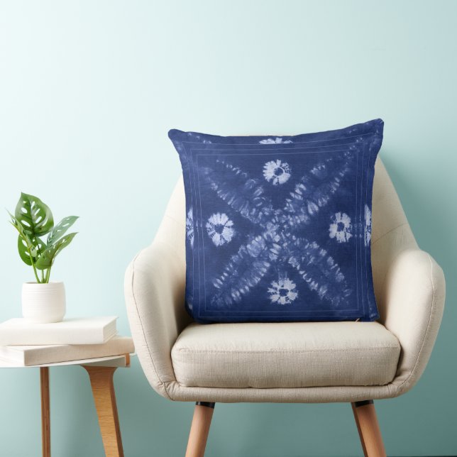 Blue Indigo Gefärbte Krawatte Shibori Blume Throw  Kissen (Stuhl )